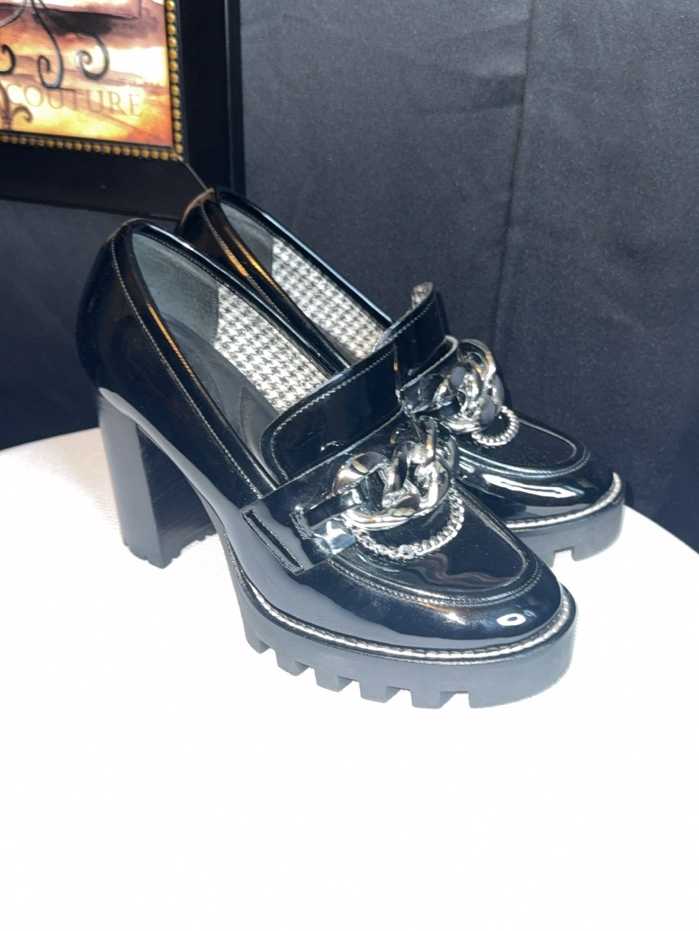 Chunky Patent Black Heeled Loafers with Chain Accent-New